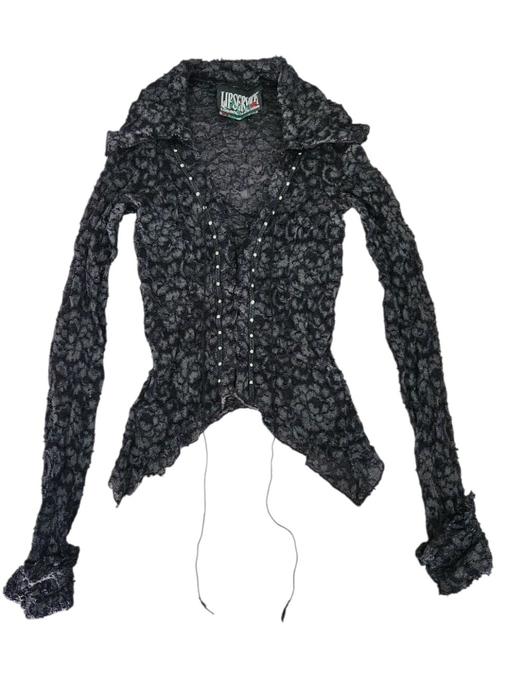 Vintage 90s Lip Service Black Lace Laceup Blouse w Stud Trim Rocker Bowie RARE S